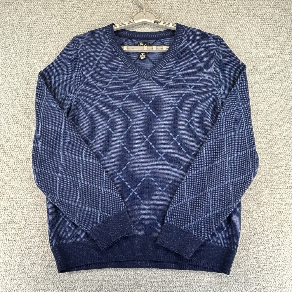 Jos A Bank Sweater Mens 2XL Blue Diamond Merino Wool Blend Slim Fit V-Neck